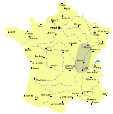 Zone d'intervention de l'entreprise de construction Tournier comprenant le Rhône, l'Ain, la Saône et Loire, le sud de la Bourgogne  et l'ouest de la Loire